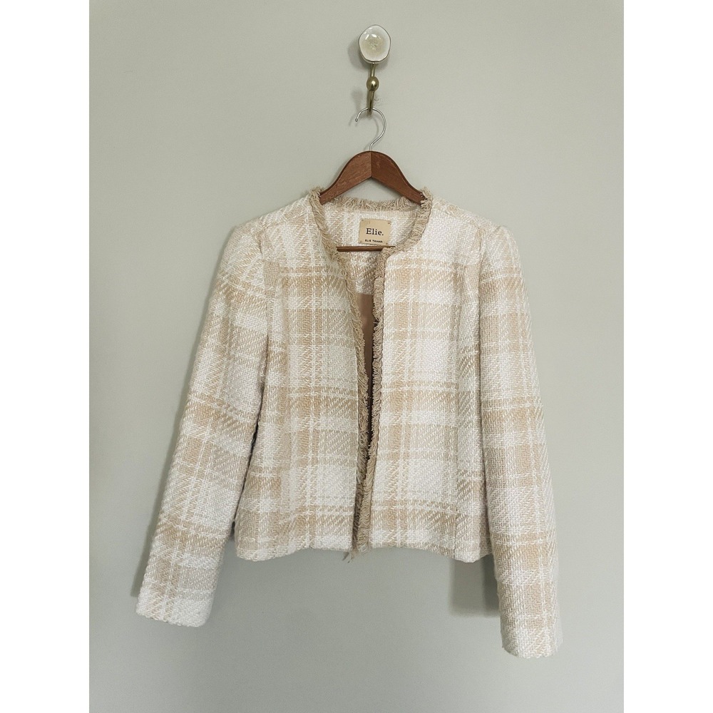 Elie Tahari Plaid‎ Tweed Tan/Cream Fringe Blazer. Small. Preppy.
